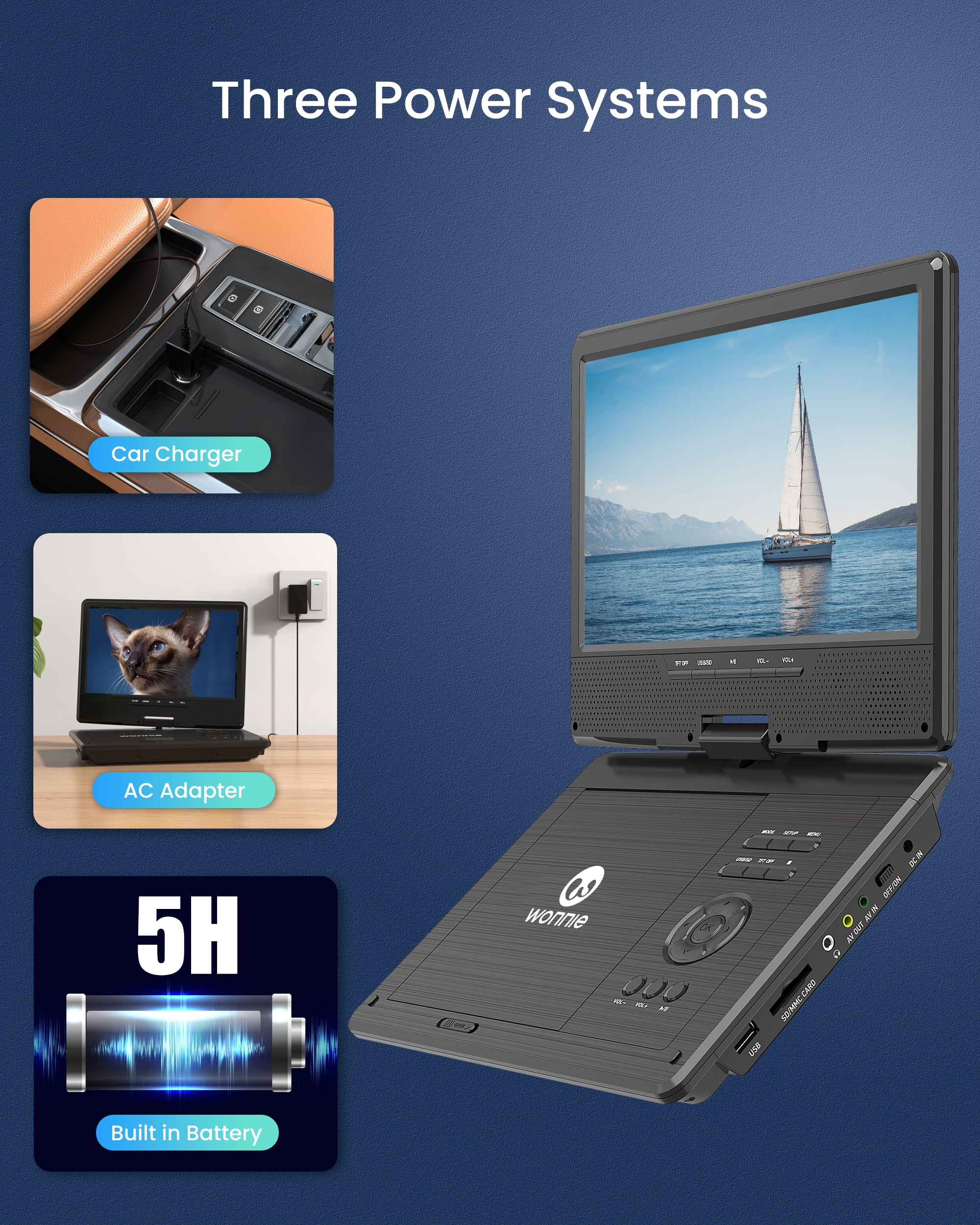WONNIE 12.5" Portable DVD Player, Premium 10.5" HD Swivel Screen CD Player for Kids, Built in 5 hours Rechargeable Battery Car Player Support USB/SD Card/Sync TV (Car Headrest Holder Included)