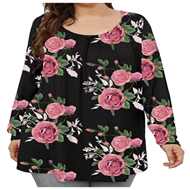 Camiseta suelta con estampado de moda de talla grande para mujer Blusa de manga larga con cuello en V Tops casuales Pompotops FGAJ4089