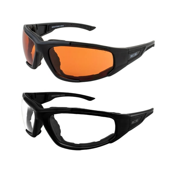 2 Pairs Epoch Foam 2 Ventilated Motorcycle Sunglasses Black Frame Yellow Lens Clear Lens ANSI Z87.1 Safety