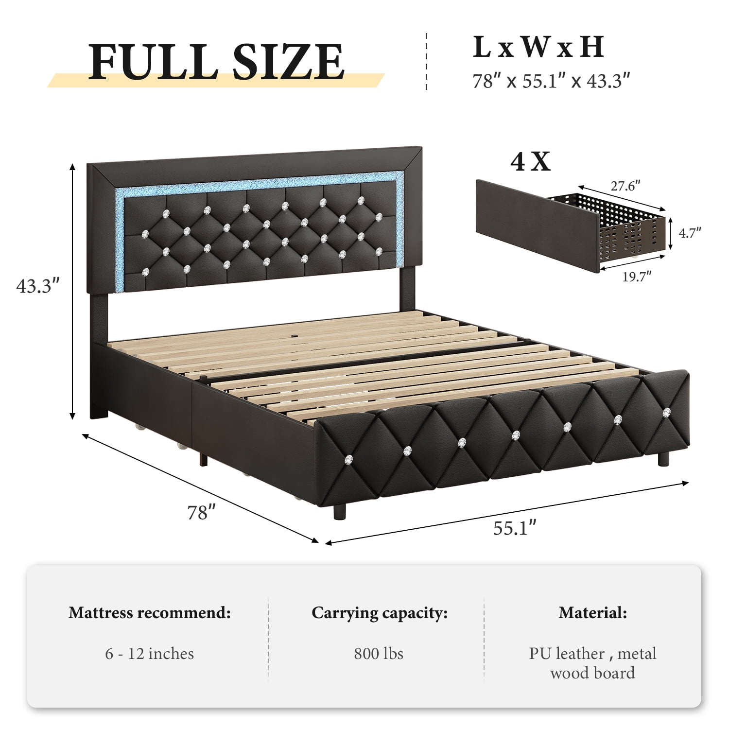 4 EVER WINNER Full Size LED Bed Frame with 4 Drawers, Black Full Bed Frame with LED Light Headboard, Modern Upholstered Bed with Diamond Headboard and Footboard, Black