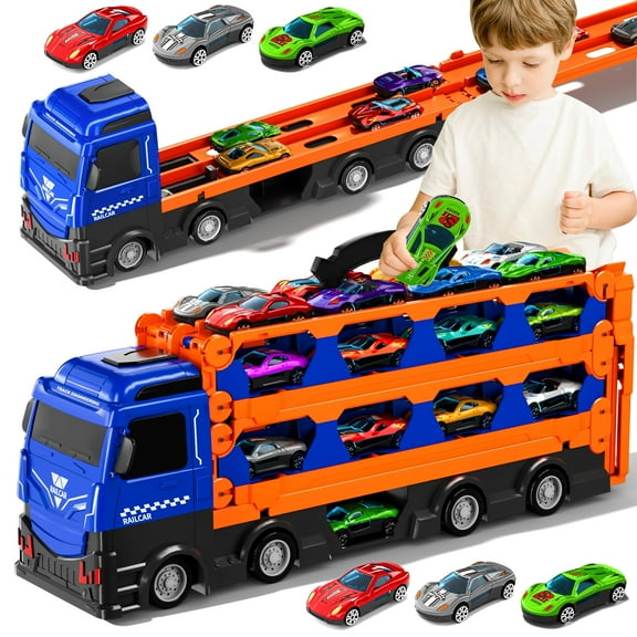 KukuFun 78 inches Transport Truck with 12pcs Die-Cast Cars Toys, Cars Toddler Toys Gifts for 3 4 5 6 7 Years Old Boys Girls