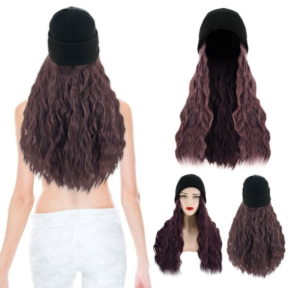 SUCS Beanie Hat Knitted Long Wavy Curly Hair Wig Warm Knitted Velvet 28 Inch Women's Synthetic Wig Winter