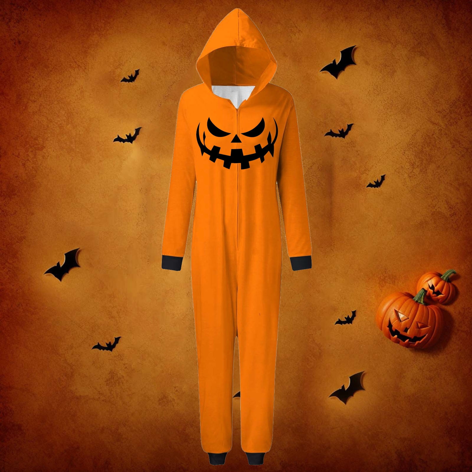 FEIFLY Halloween Printed Hooded Zipper Home Jumpsuit Pumpkin Onesie Family Matching Romper Holiday Loungewear For Women