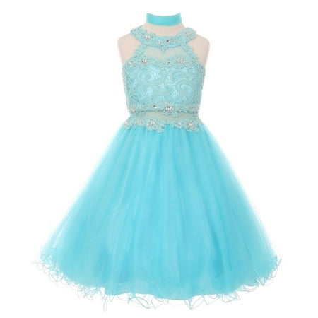 - Girls Aqua Rhinestone Halter Neck Lace Tulle Junior Bridesmaid Dress