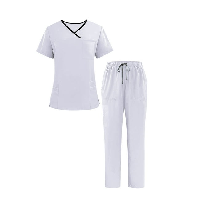 HomeGardon Mens Scrubs Sets Solid Color V-neck Short-sleeved Scrub Tops with 3 Pockets and Scrub Pants Elastic Waist with Pocket Drawstring,Quick-drying,Unisex,Sizes XS-2XL