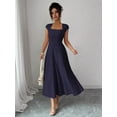 thumbnail image 5 of Navy Blue Womens Square Neck Cinched Waist A-Line Midi Dress For Spring Summer Casual Vacation, 5 of 7