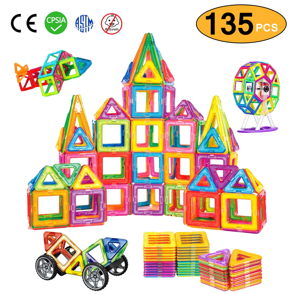 Magnetic Tiles Educational Construction Toys for Boys and Girls with Giftbox Brightown Magnetic Blocks Building Set for Kids 92 Pieces