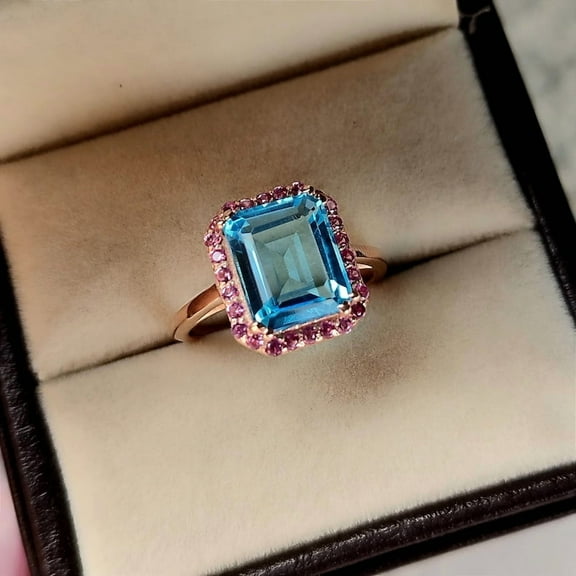 Aquamarine pink sapphire c gemstone ring/ 925 sterling silver ring/ promise ring/ pink sapphire cz side stone ring/ march birthstone ring/ proposal ring/ gift for her