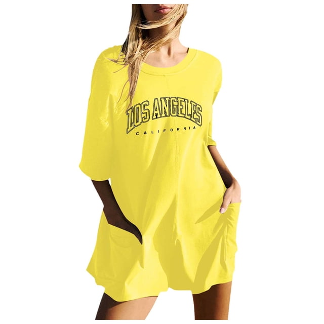 YDLCAFD Mode Femme Solide Imprimé Décontracté Manches Courtes Col Rond Short à Poches Combinaison TG