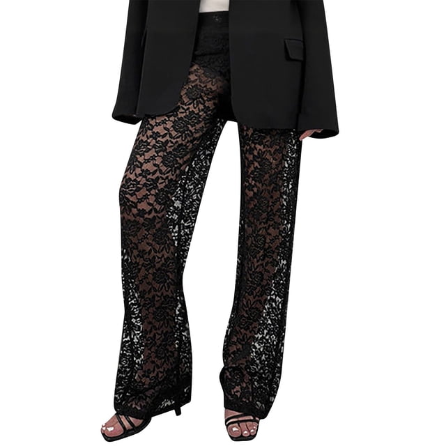 Pantalones de encaje transparentes de cintura alta con parches para mujer - Pantalones anchos de malla transparente para discotecas/raves