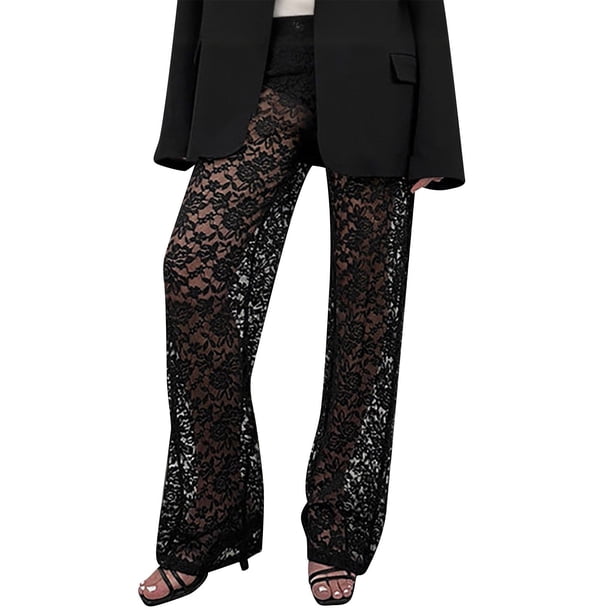 Pantalones de encaje transparentes de cintura alta con parches para mujer - Pantalones anchos de malla transparente para discotecas/raves