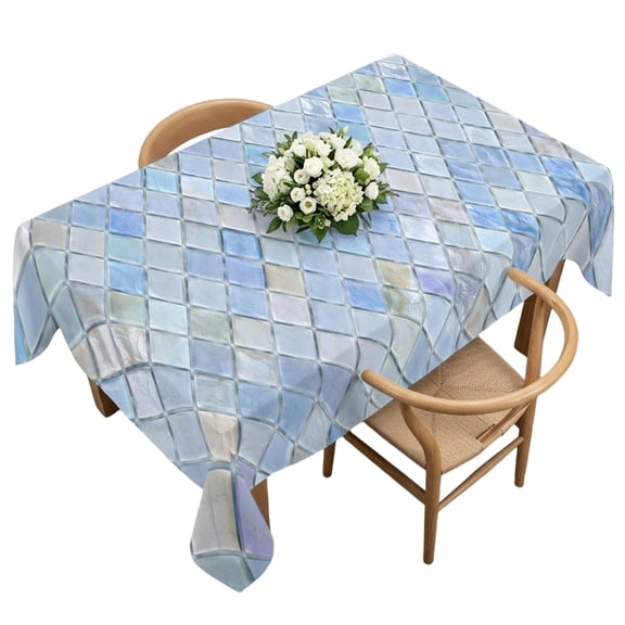 Blue Geometric Rectangle Tablecloth, Farmhouse Abstract Stained Glass Grid Waterproof & StainResistant Tablecloth, Washable Oil-proof Table Cover for Dining/Party/Wedding/Camping/Buffet 54x108 In