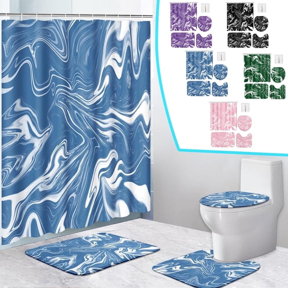 AOMXGD 4-Piece Marble Swirl Shower Curtain Set, 70x70 Inch Complete Bathroom Decor Kit, Includes Non-Slip Bath Mats, Toilet Lid Cover & 12 Hanging Hooks For Restroom Renovation