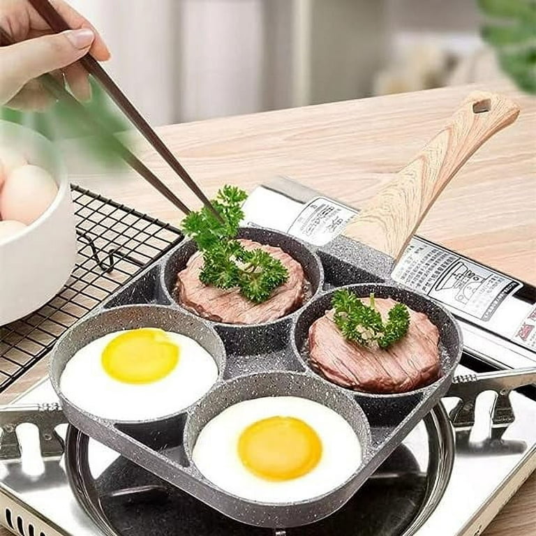 Non-Stick Egg Frying Pan with Wooden Handle - 4 Holes for Pancakes,  Omelets, and Burgers - Suitable for Induction Cookers and Gas Stoves -  Perfect for