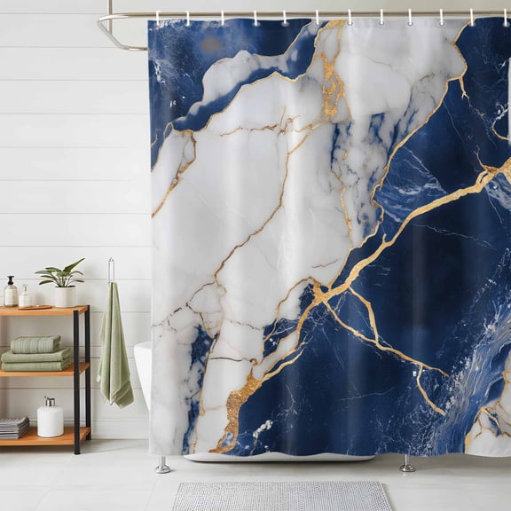 Shower Curtains for Bathroom, Marble Navy Blue Waterproof Fabric Shower Curtain, Abstract Gold White Brick Stone Motif Decorative Bathroom Curtain for Bathtub, 66"x72", No Hooks Included