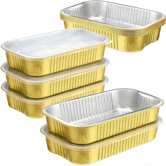 13"x 9"Gold Aluminum Foil Pans with Chear Lids & Handles(10 Pack) Heavy Duty Pans, Disposable Containers for Cooking, Baking, Reheating, Freezer, Oven, Food Storage, 118oz