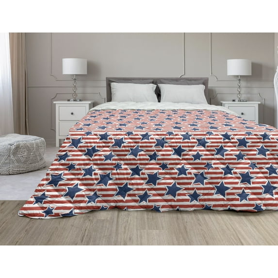 4th of July Down Alternative Comforter, Rockets and Flags the Day of Independence Celebrations July Holiday, Microfiber Quilt for All Season, 5 Sizes, Slate Blue Red White, by Ambesonne