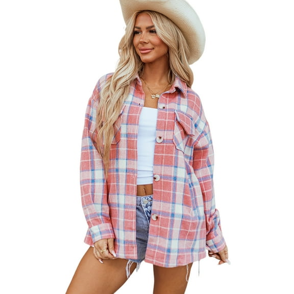 Women's Pink Plaid Flap Pocket Button Up Shacket [ZhiHiMeRi] | (US 12-14)L