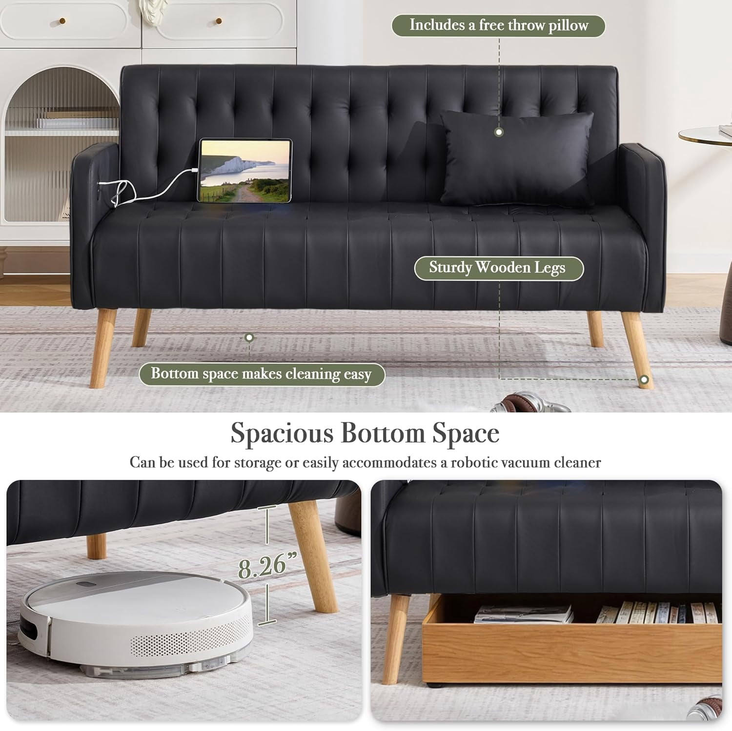 LAZZO 57" Loveseat Sofa, Faux Leather Tufted Couch with USB Ports and Side Pockets, Black