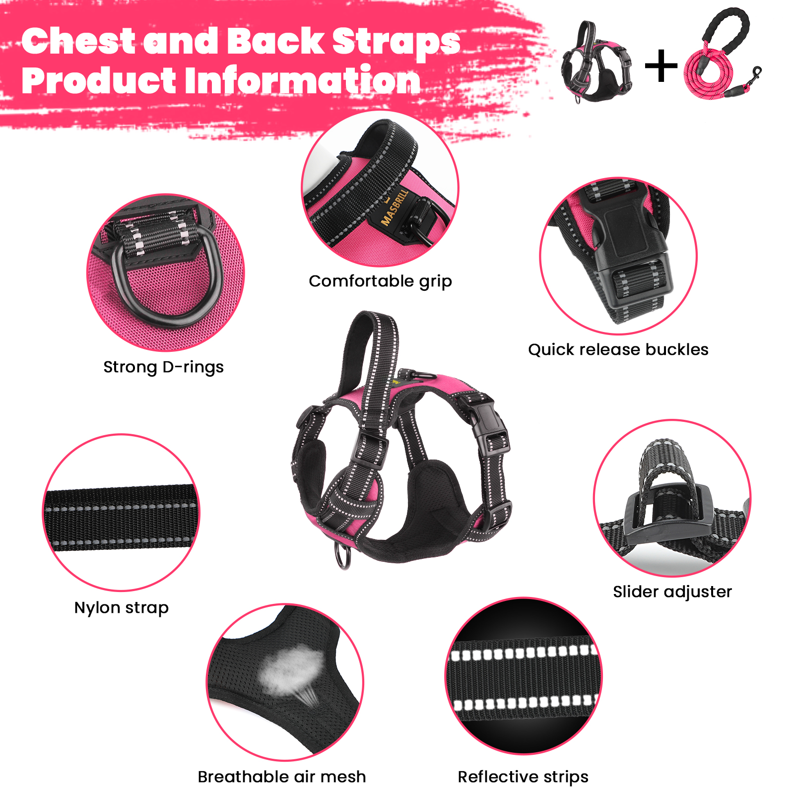MASBRILL No Pull Dog Harness and Leash Set, Pink, Large photo 4
