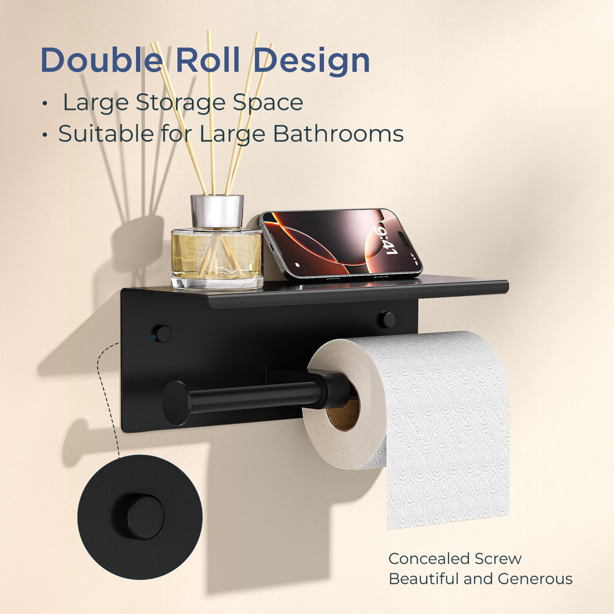 TVOFEK Double Toilet Paper Holder with Shelf, 304 Stainless Steel Wall Mounted Tissue Roll Holder for Bathroom, Rustproof Modern Matte Black