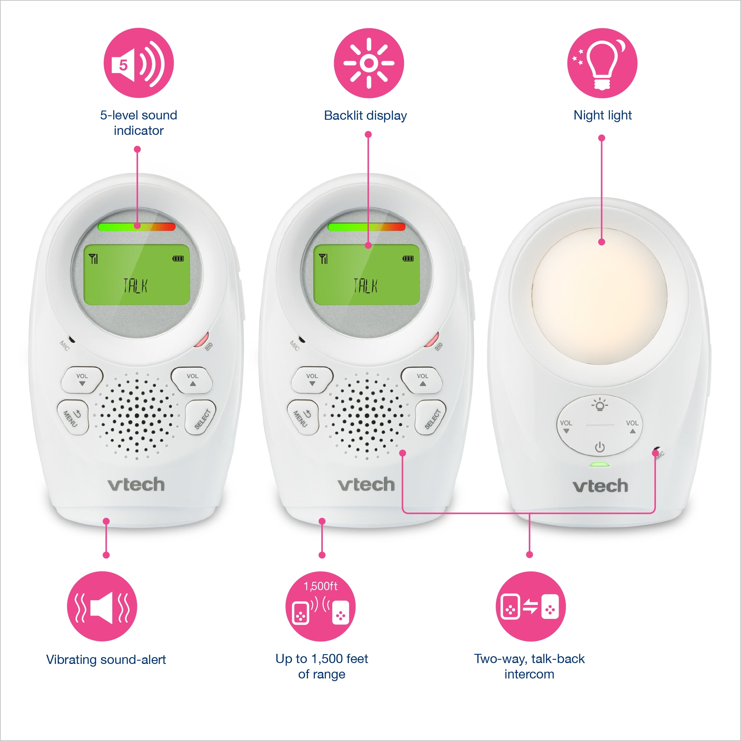 VTech DM112-2 Audio Baby Monitor with up to 1,000 ft of Range 5-Level Sound Indicator Digitized Transmission & Belt Clip with Two Parent Units 