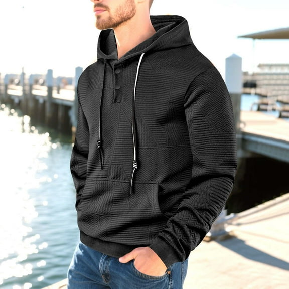Qulqfy Pullover Big And Tall Hoodies for Men Black Jacquard Henley Long Sleeve Casual Fall Hooded Sweatshirts Mens Sweatshirts L
