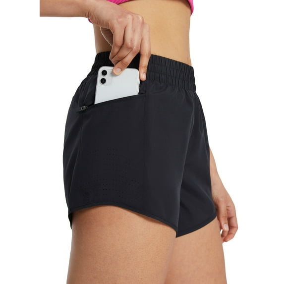 BALEAF Women's Running Shorts 4" Quick Dry High Waisted Athletic Workout Shorts with Liner Zipper Pocket Black XL