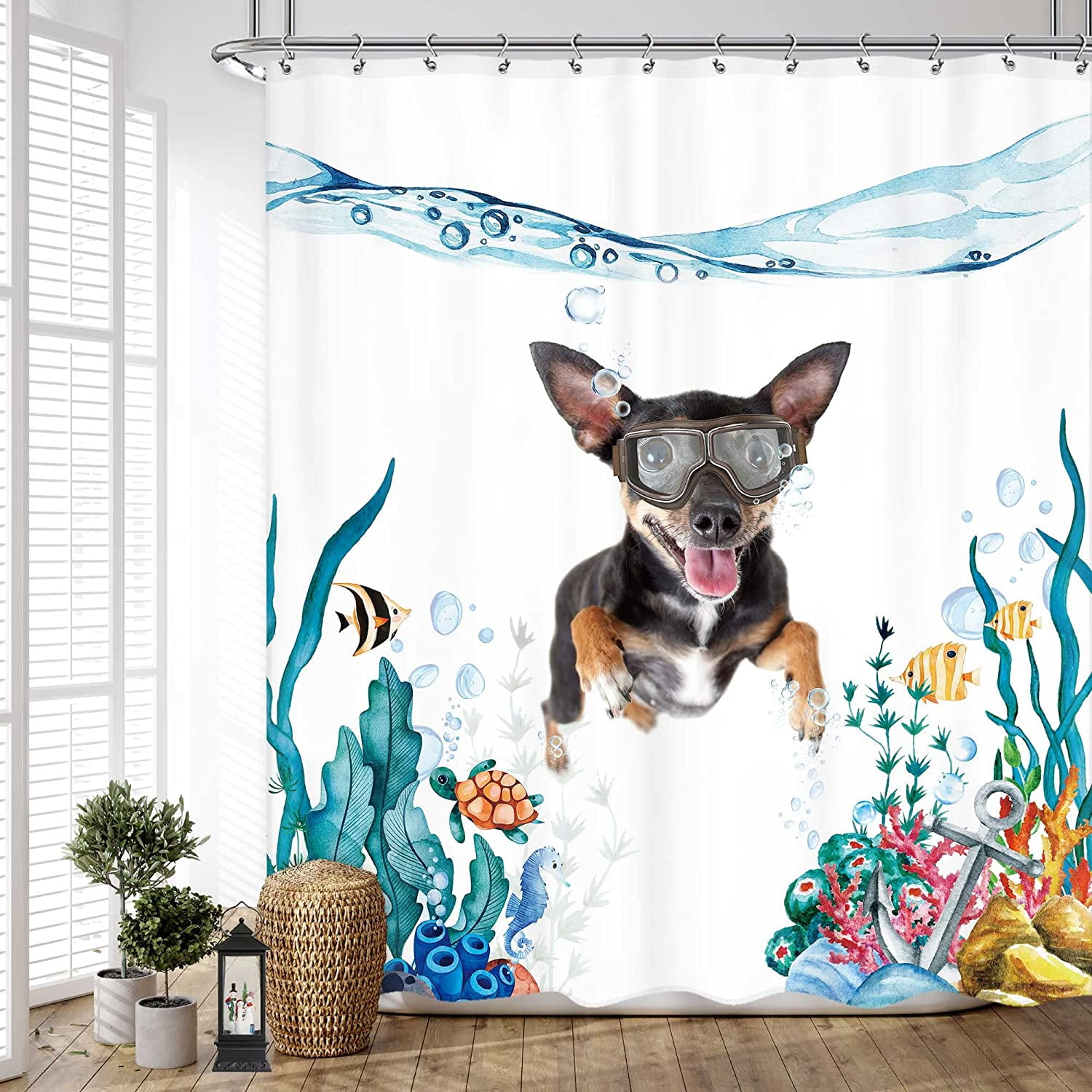 SPXUBZ Funny Dog Shower Curtain 72Wx72L Inch Cool Cute Scuba Diving