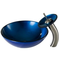 KRAUS Irruption Blue Glass Bathroom Vessel Sink and Waterfall Faucet Combo Set with Matching Disk and Pop-Up Drain, Satin Nickel Finish