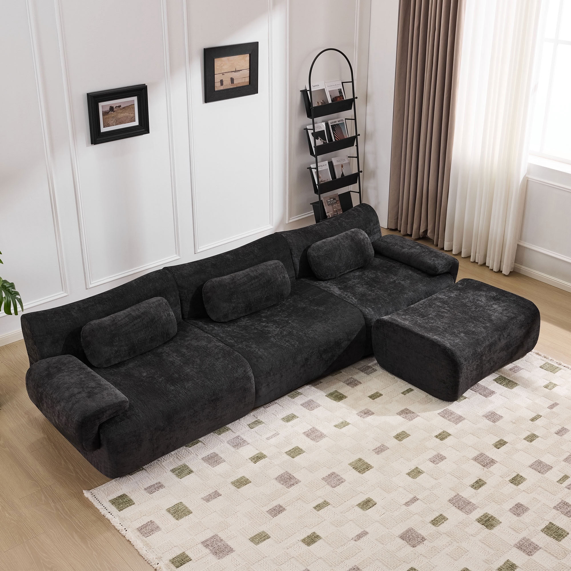 MAYEERTY 3+1 Seat Modular L-Shaped Sectional Sofa with Ottoman, Chenille Upholstered Deep Seat Couch with 3 Throw Pillows, No Assembly for Living Room Bedroom Apartment Small Spaces
