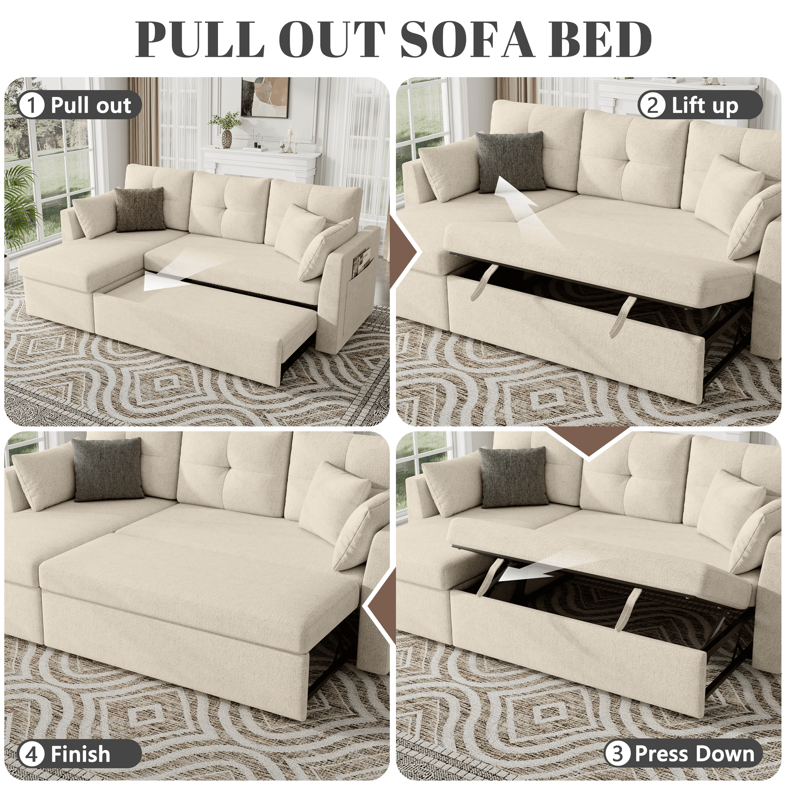 Mangodan Sectional Sleeper Sofa Couch, 2 in 1 Pullout Couch  Sleeper Sofa Bed with Storage Chaise, Side Pocket, Beige