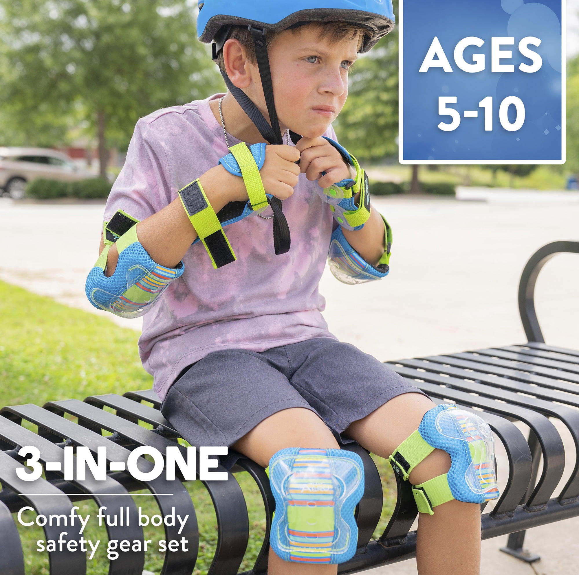 Flybar Aero Elbow, Knee and Wrist 3 in 1 Multi-Sport Protection for Kids, Ages 5-10, Blue