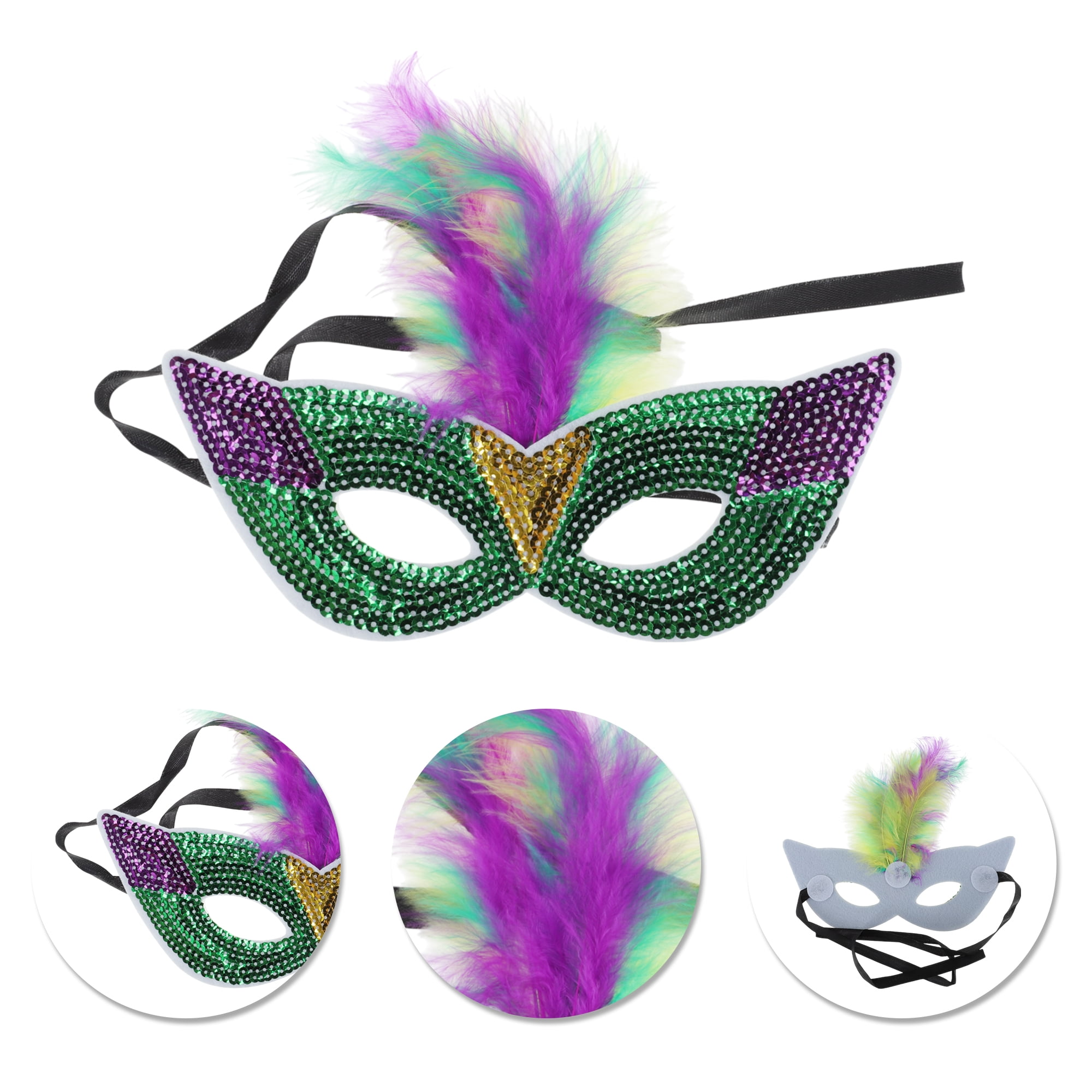 Unique Bargains 1 Box Colorful Feather Sequins Half Face Party Mask Green