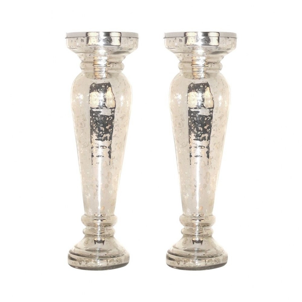 16.75 Inch Reflective Pillar Candle Holder Set of 2 in Antique Silver