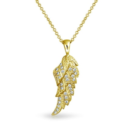 Cubic Zirconia CZ Guardian Angel Wing Feathered Pendant Necklace For Women For Teen 14K Gold Plated 925 Sterling Silver