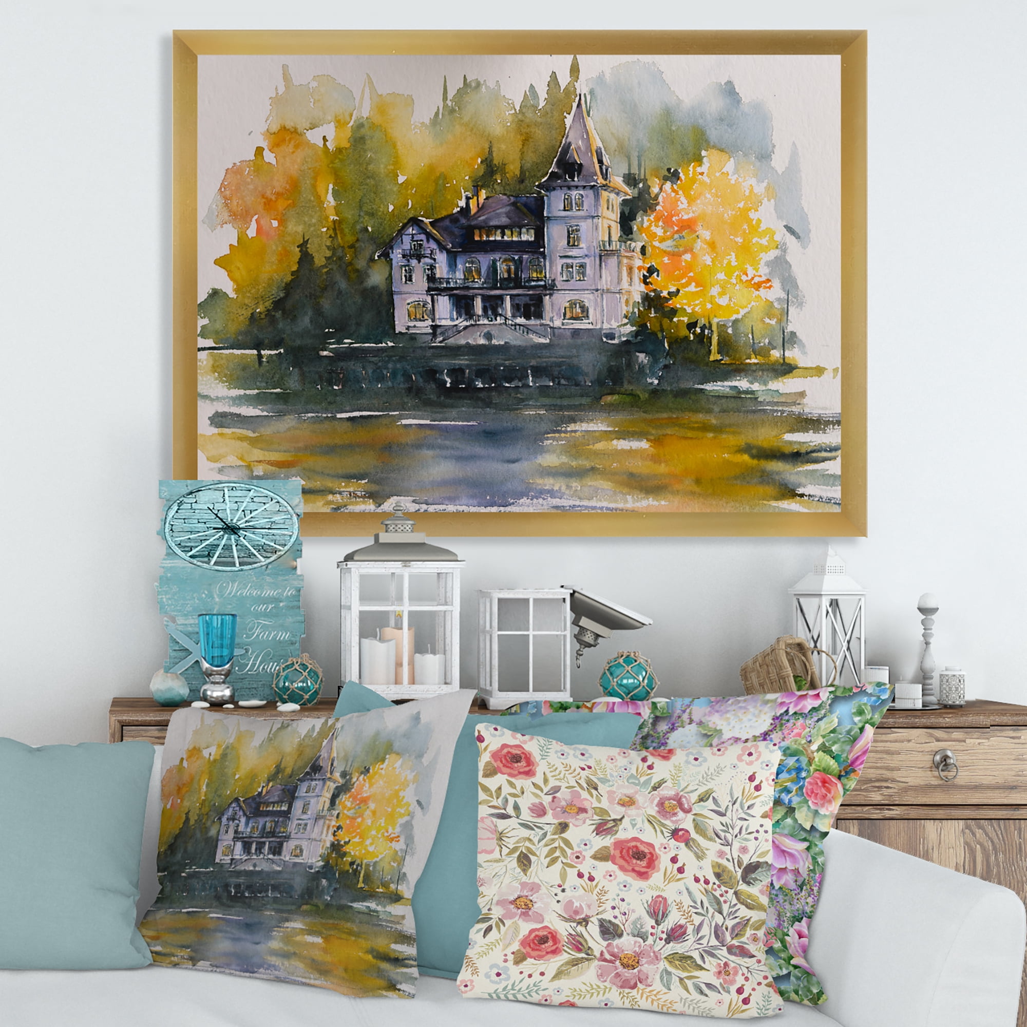 Designart 'Castle With Autumn Trees By The Lake' Lake House Framed Art Print