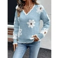 thumbnail image 2 of Womens Trendy Sweaters with White Flowers Pattern Colorblock V Neck Pullover Sweater Soft Knit Fall Winter Tops (XL, Light Blue), 2 of 4