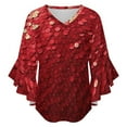thumbnail image 5 of Red Paillette Sequin Pattern Women's V-Neck Blouse With 3/4 Ruffled Bell Sleeves Casual Top Ladies Blouses, 5 of 7