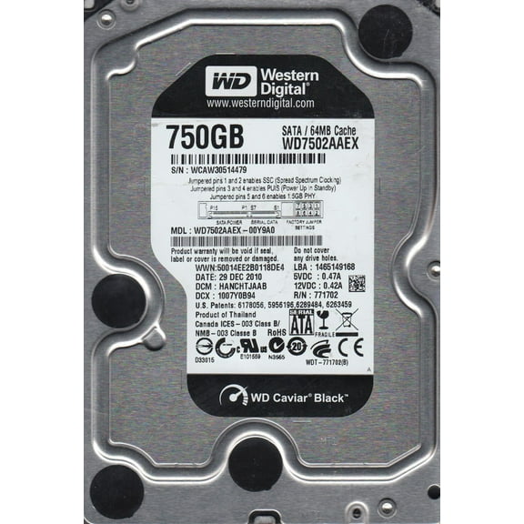WD7502AAEX-00Y9A0, DCM HANCHTJAAB, Western Digital 750GB SATA 3.5 Hard Drive