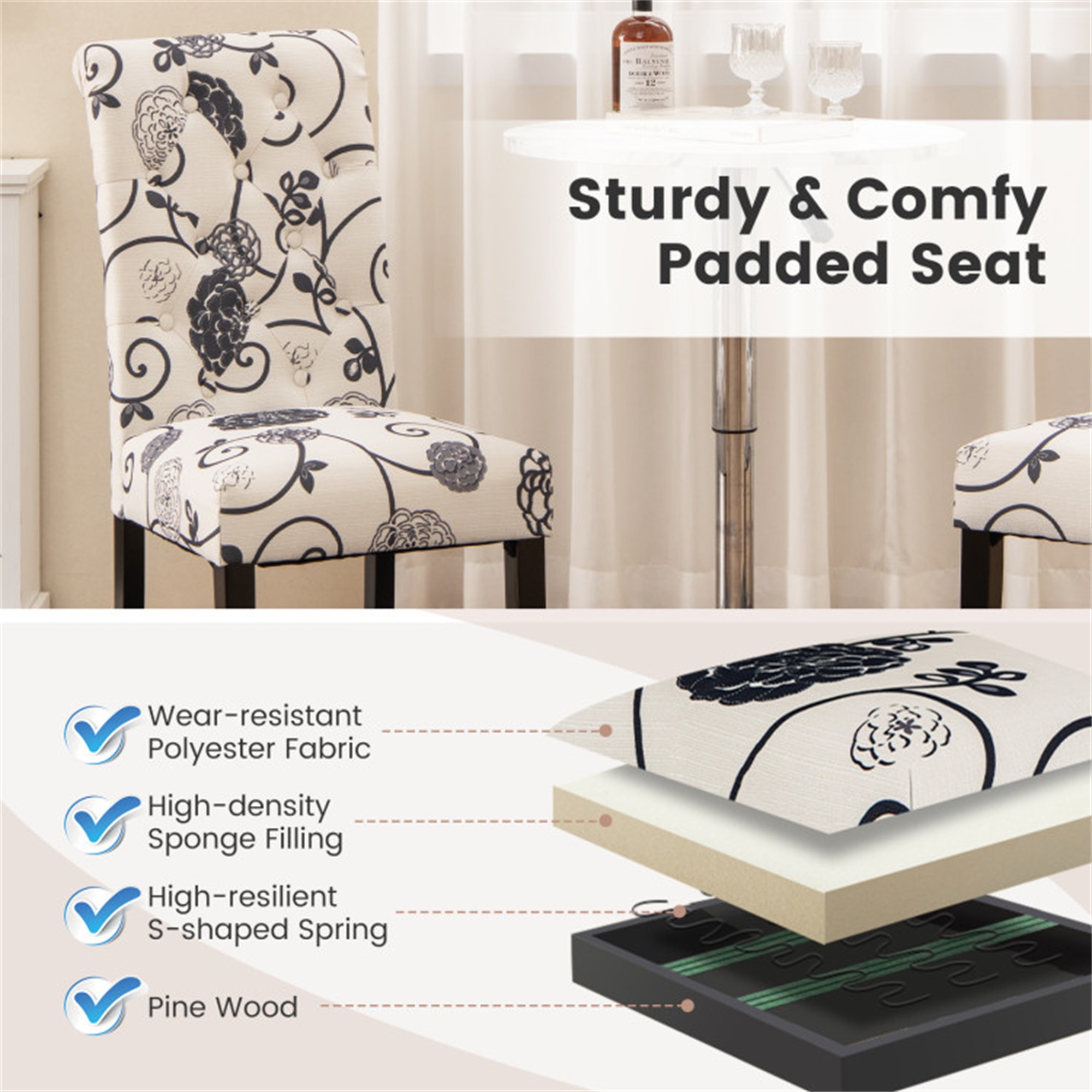 Demi Bonn 2 Pieces Tufted Dining Chair Set with Adjustable Anti-Slip Foot Pads, White