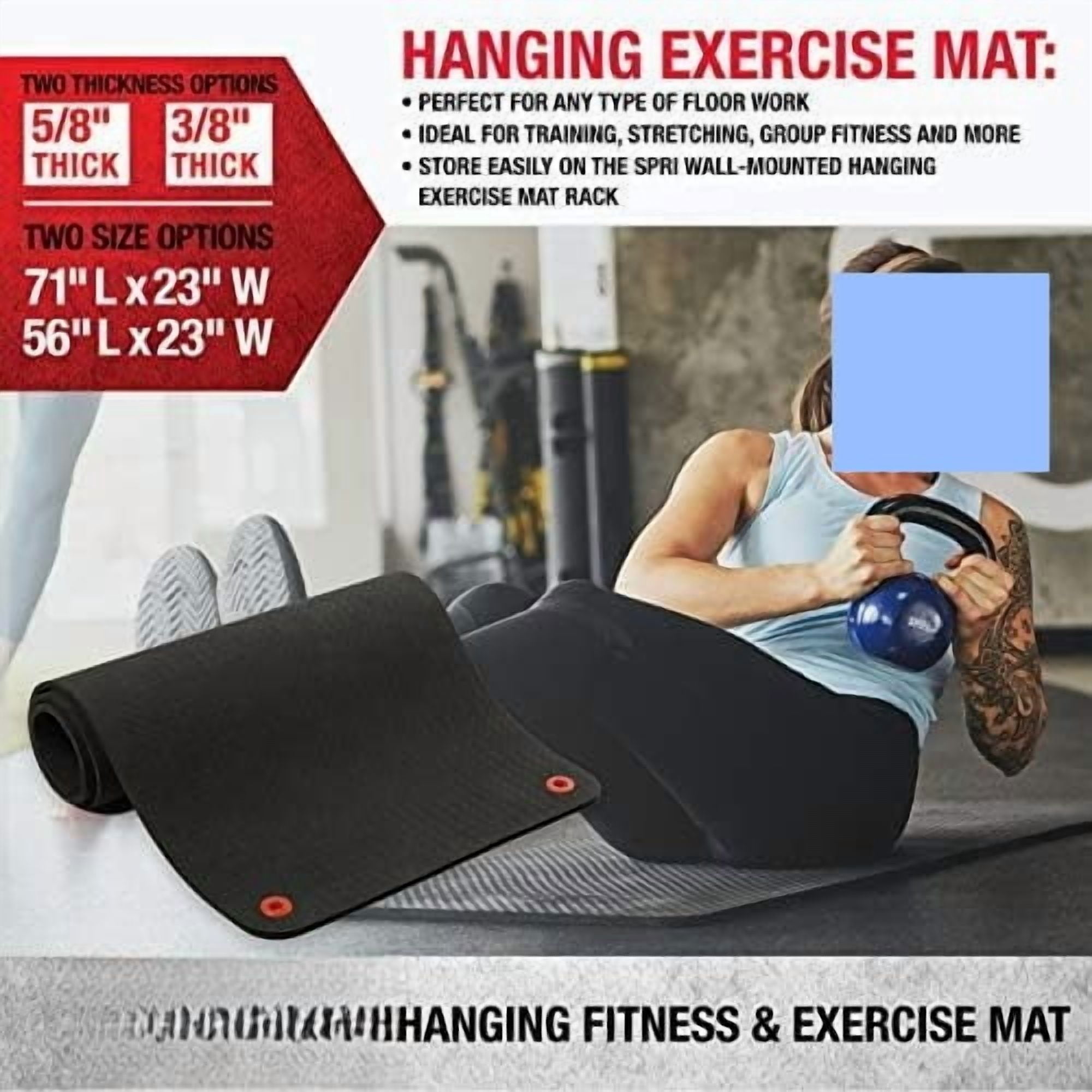 Hanging Exercise Mat, Fitness & Yoga Mat for Group Fitness Classes, Commercial Grade Quality with Reinforced Holes 71" L x 23" W x 3/8" (Black)