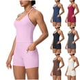 thumbnail image 6 of Womens Workout Outfits 2 Piece Sleeveless Crop Tops High Waisted Legging Shorts with Pockets Yoga Gym Clothes (M, Gray|Halter), 6 of 6