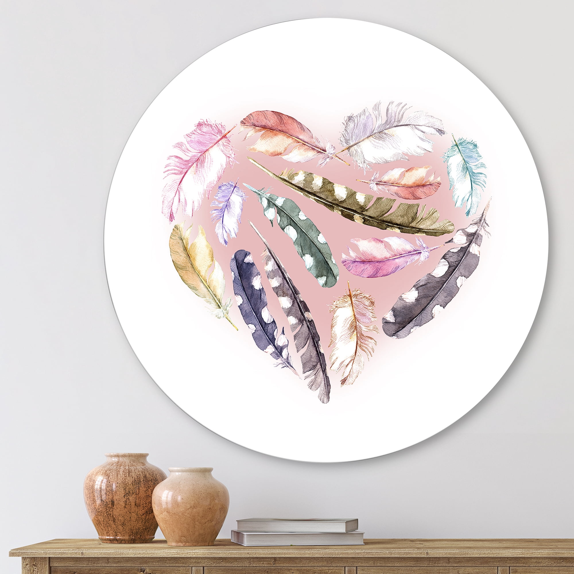 Ethnic Feather In Heart Shape 11 in x 11 in Painting Art Prints, by Designart