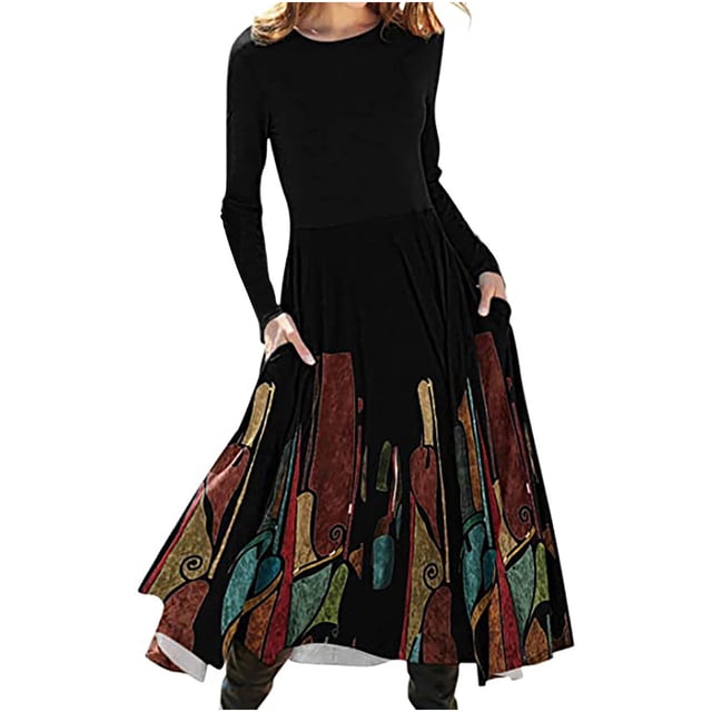 Vestido de manga larga para mujer Vintage Floral acampanado A-Line Swing Casual Party cuello redondo vestidos con bolsillos Fridja NMB1229