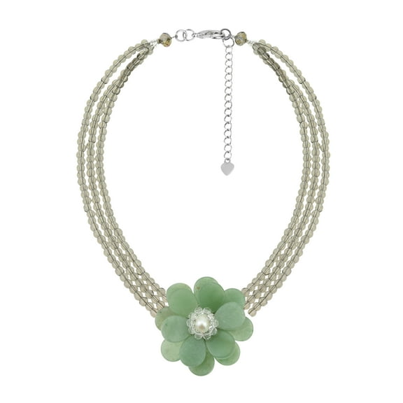 Sophisticated Tropical Flower of Green Jade and Pearl on a Beaded Necklace