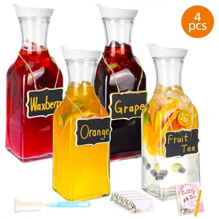 WFPXAMLZZMD Set Of 4 Glass Carafe With Lid, 1.5 Liter Beverage Serveware Carafe, Clear Glass Pitcher for Mimosa Bar, Brunch, Cold Water, Juice, Milk, Iced Tea, Lemonade