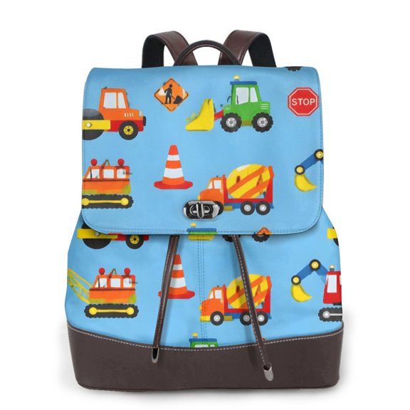 Construction Truck Women's Leather Backpack All-Over Print Bag for Work and Travel