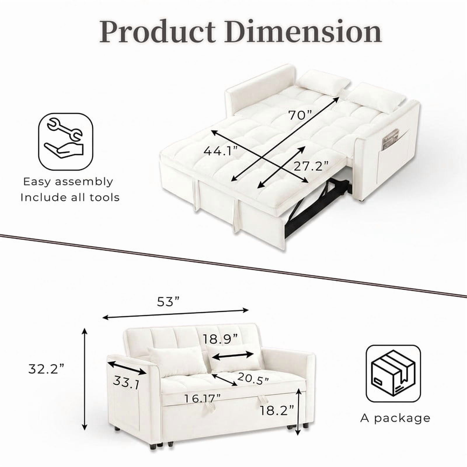 Gewnee 55" Sofa Bed, Convertible Sleeper Sofa & Pull Out Couch, 3-in-1 Velvet Loveseat with Adjustable Backrest and Storage Pocket, Beige