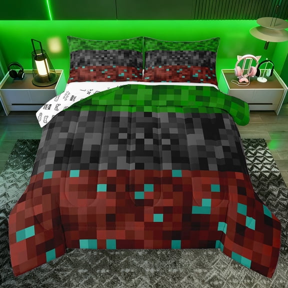 Erosebridal Miner Game Queen Comforter Set for Kids Boys, Pixelated Theme Checkered Bedding Comforter Set, Gamepad Reversible, 1 Comforter and 2 Pillowcases